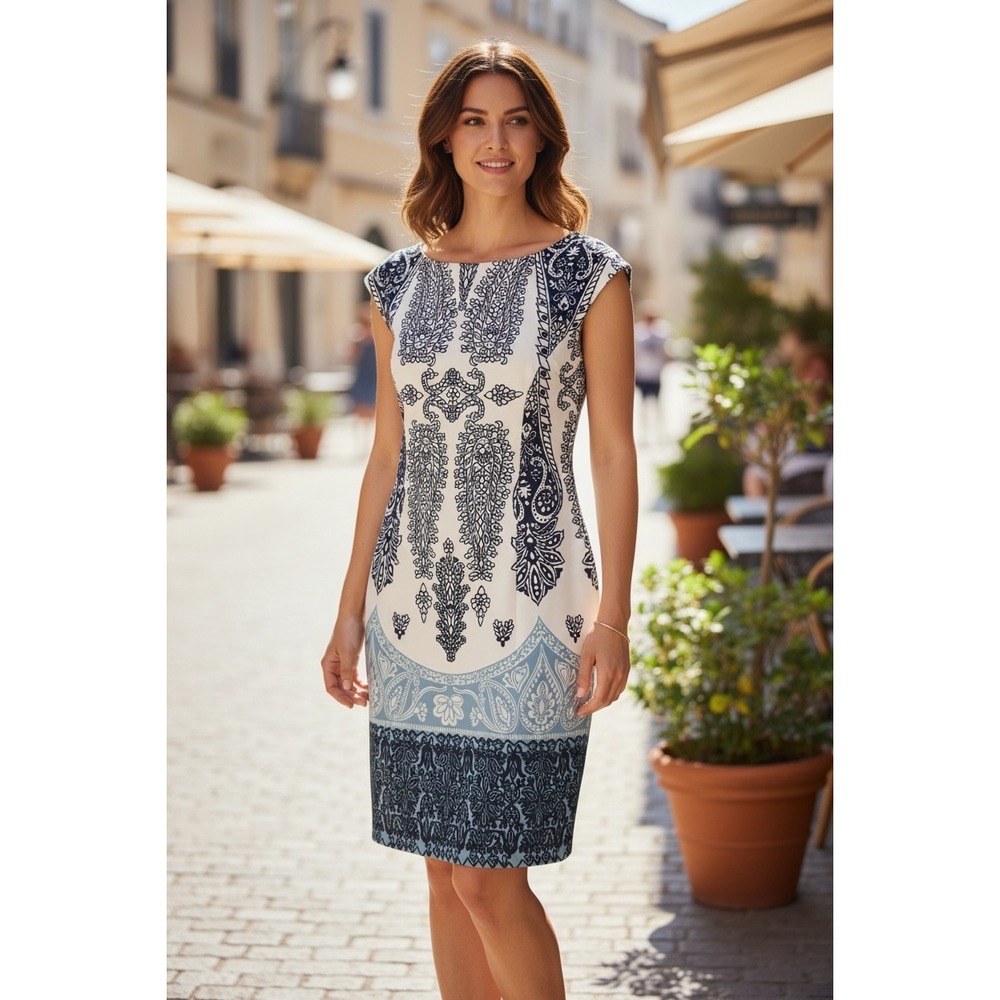 Paisley Medallion Sheath Dress Cream Navy Blue Size 12